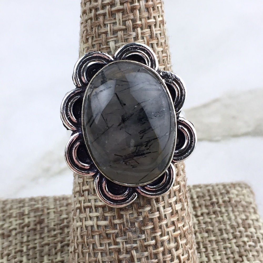 New Black Rutile Rutilated Quartz Crystal Stone Silver Overlay Ring 7.25 - 7.5